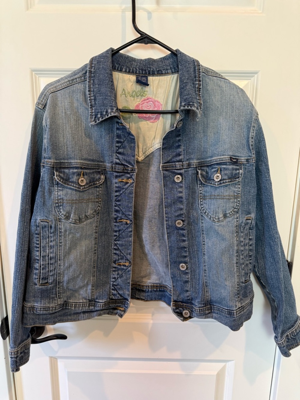 Angels Denim Jacket with Pink Rose Embroidery